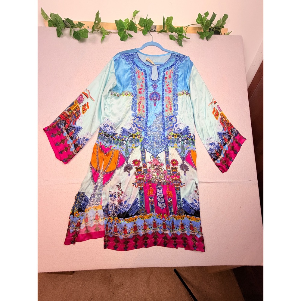 Gul Ahmed Women Blue Pink‎ Printed Silk Kurta Tunic Keyhole Neck Size M